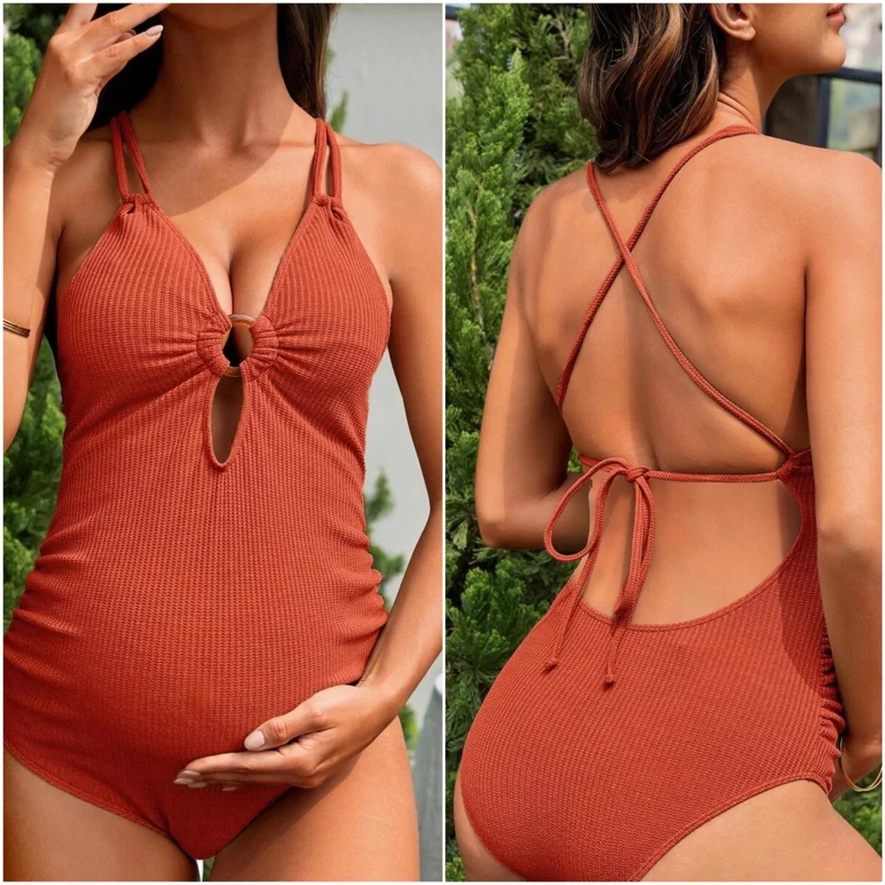 Maternity Ribbed Criss Cross Lace up Monokini One Piece Swim - Picture 3 of 4